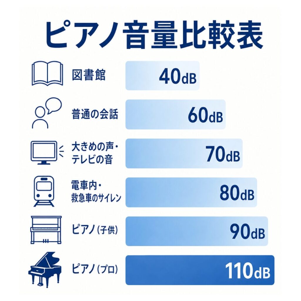 ピアノの音量を図書館や会話、テレビなどと比較した表