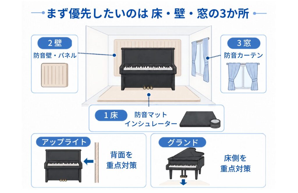 ピアノ防音で優先したい床・壁・窓の3か所と対策方法