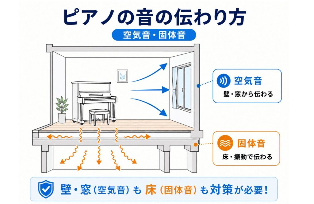 ピアノの空気音と固体音が壁・窓・床から伝わる仕組み