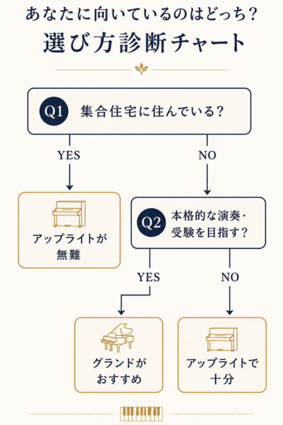 住環境と演奏目的からアップライトとグランドを選ぶ診断チャート
