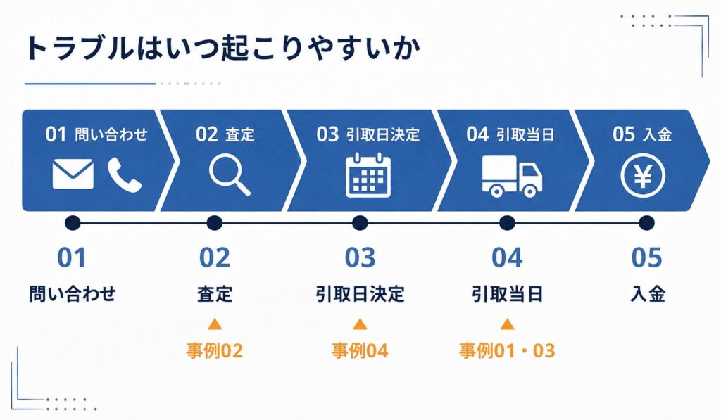 ピアノ買取の5つの流れをタイムラインで示し、トラブルが起こりやすい3つのタイミングを示した図