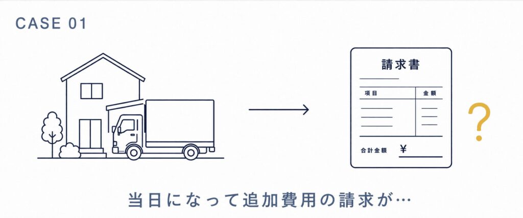 ピアノ引取当日に想定していなかった出張費を請求される状況を表したラインイラスト