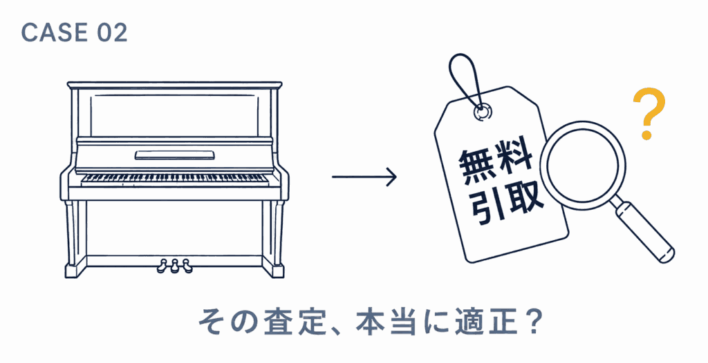 ピアノの査定額が適正かどうかを天秤で問いかけるラインイラスト
