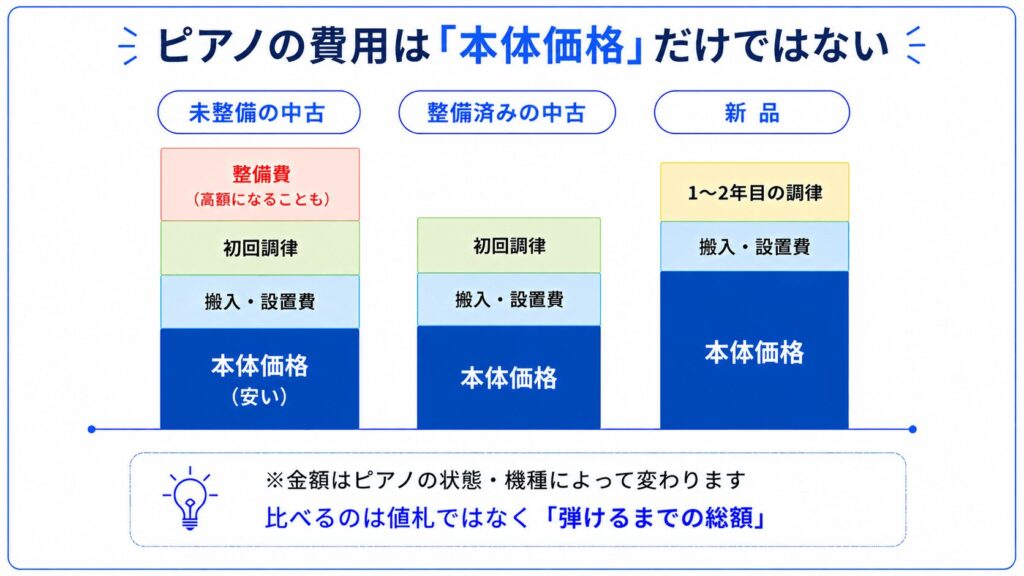 ピアノ購入の総額の内訳比較（未整備の中古・整備済みの中古・新品／本体価格に搬入設置費・調律費・整備費が加わる）