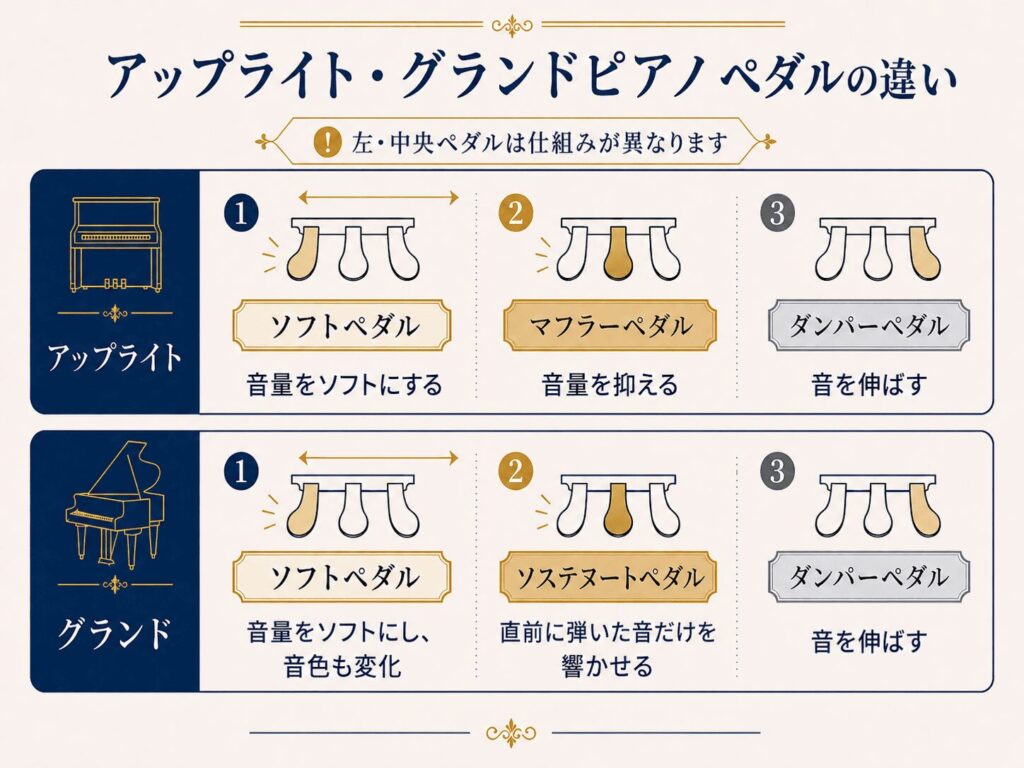 アップライトピアノとグランドピアノの3本のペダルの違い