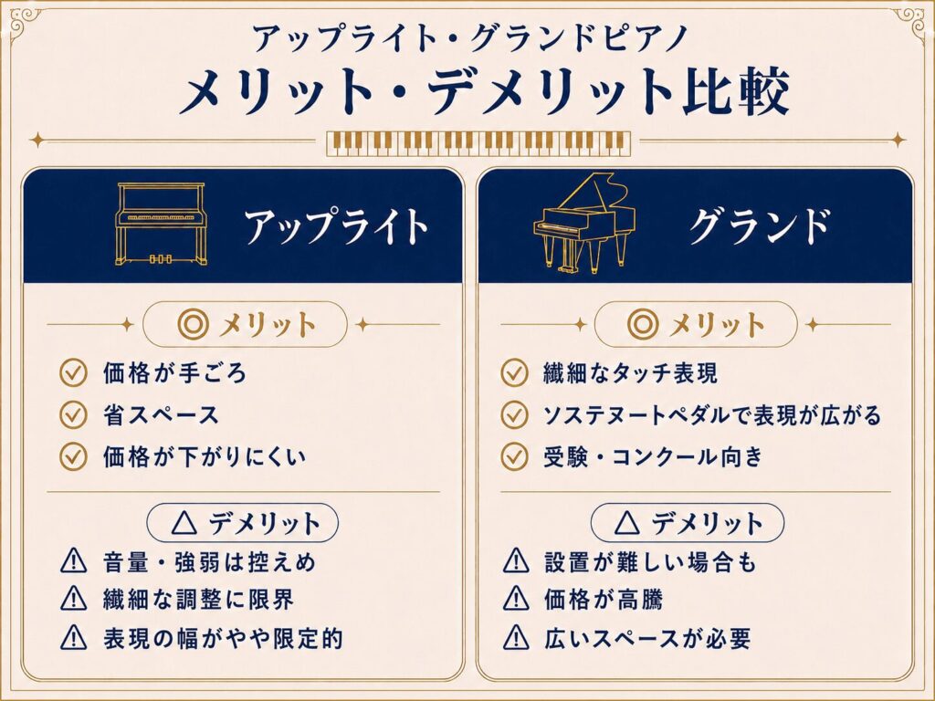 アップライトピアノとグランドピアノのメリット・デメリット比較