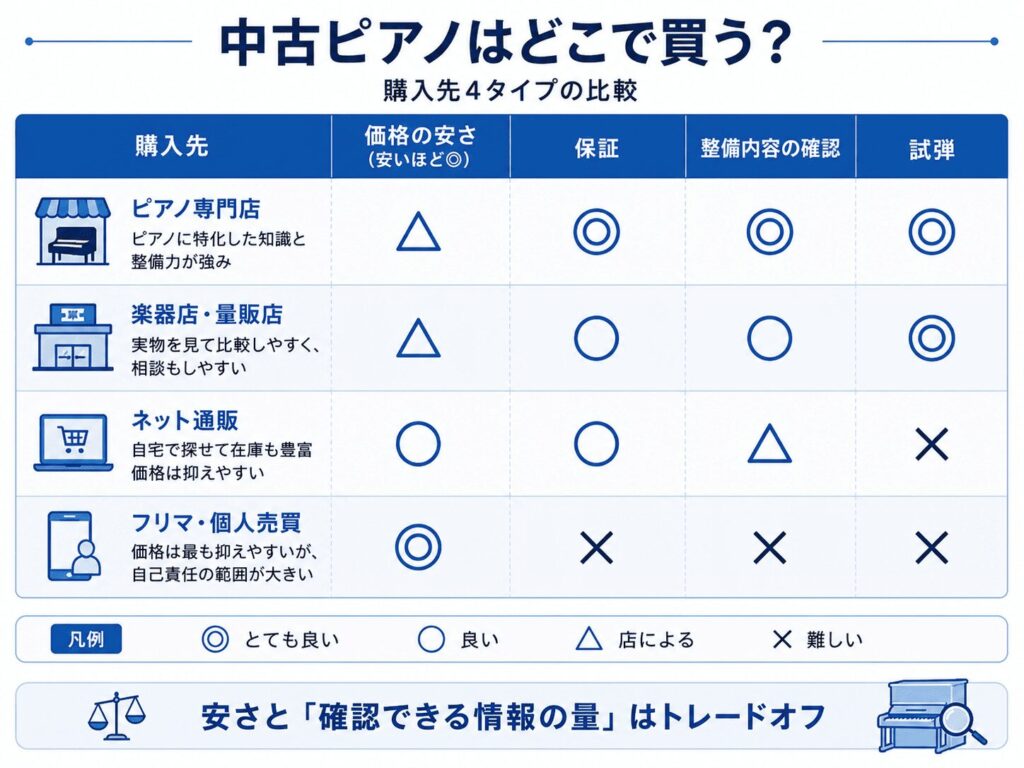 中古ピアノの購入先4タイプ比較（ピアノ専門店・楽器店・ネット通販・フリマ／価格の安さ、保証、整備内容の確認、試弾）