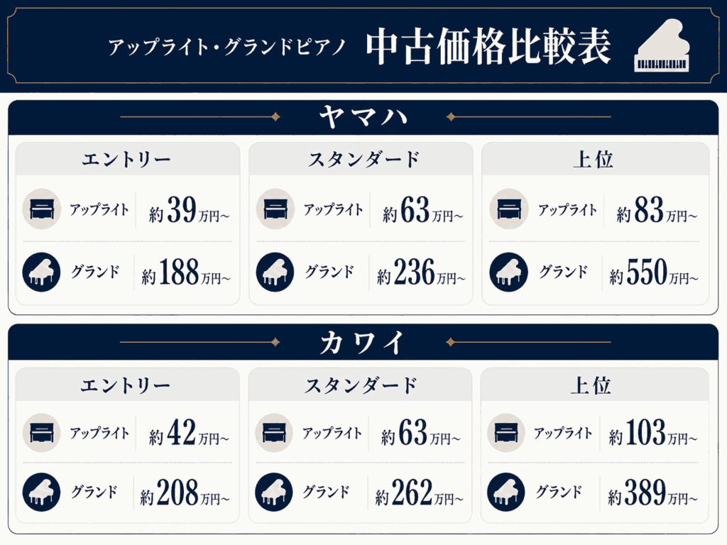ヤマハとカワイのアップライト・グランドピアノ中古価格比較表