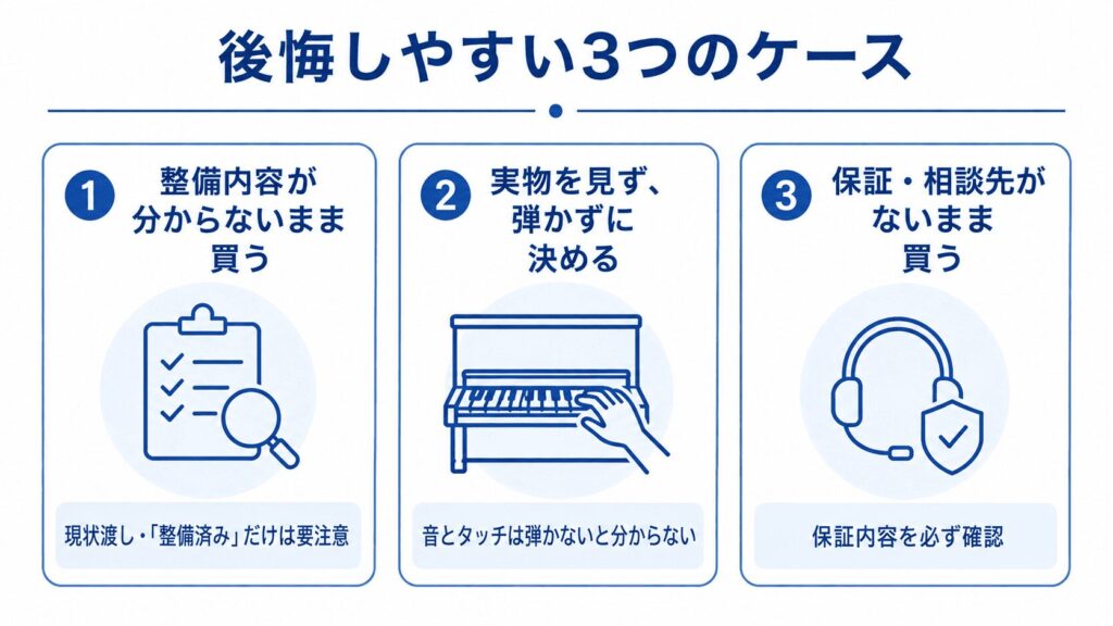 中古ピアノで後悔しやすい3つのケース（整備内容が分からないまま買う・実物を見ず弾かずに決める・保証や相談先がないまま買う）