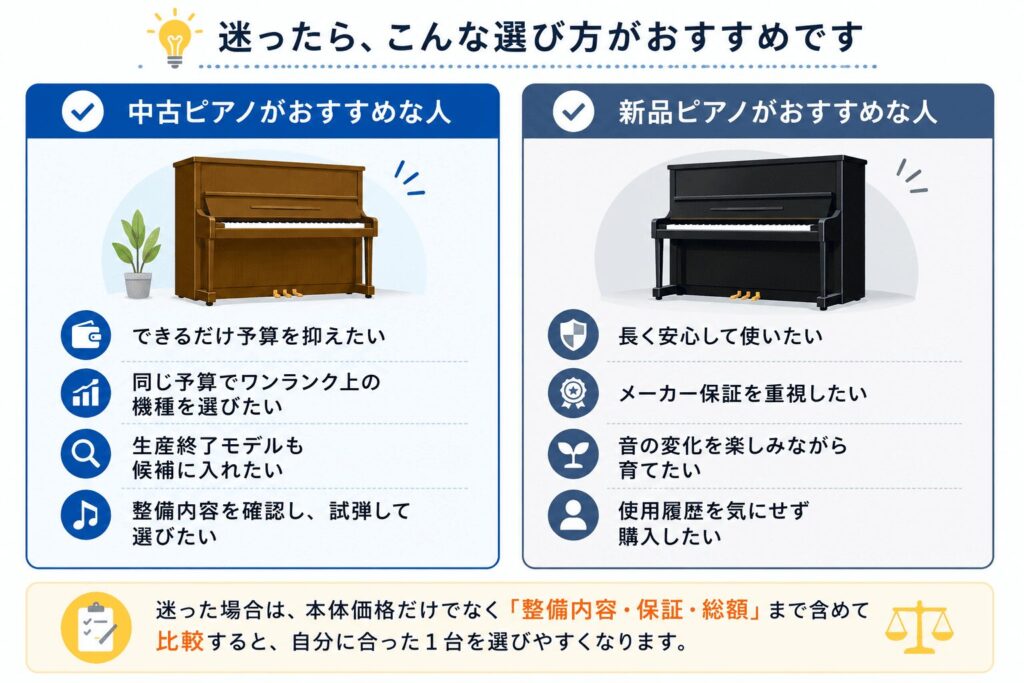 中古ピアノがおすすめな人と新品ピアノがおすすめな人の比較（予算・保証・音づくり・使用履歴）