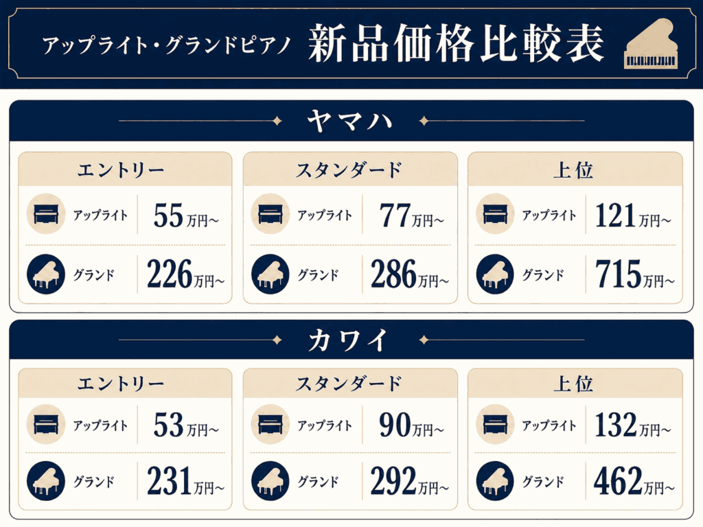 ヤマハとカワイのアップライト・グランドピアノ新品価格比較表