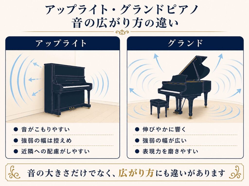 アップライトピアノとグランドピアノの音の広がり方の違い