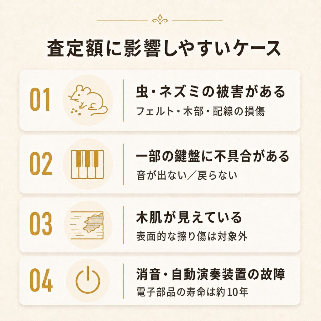 ピアノ買取の査定額に影響しやすいケース｜虫・ネズミ被害・鍵盤不具合・木肌の露出・消音自動演奏装置の故障