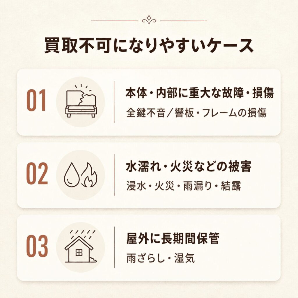 ピアノの買取が難しくなるケース。重大な故障や損傷、水濡れや火災、屋外での長期保管。